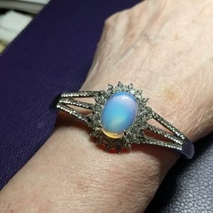 Faux moonstone and crystal hinged bangle